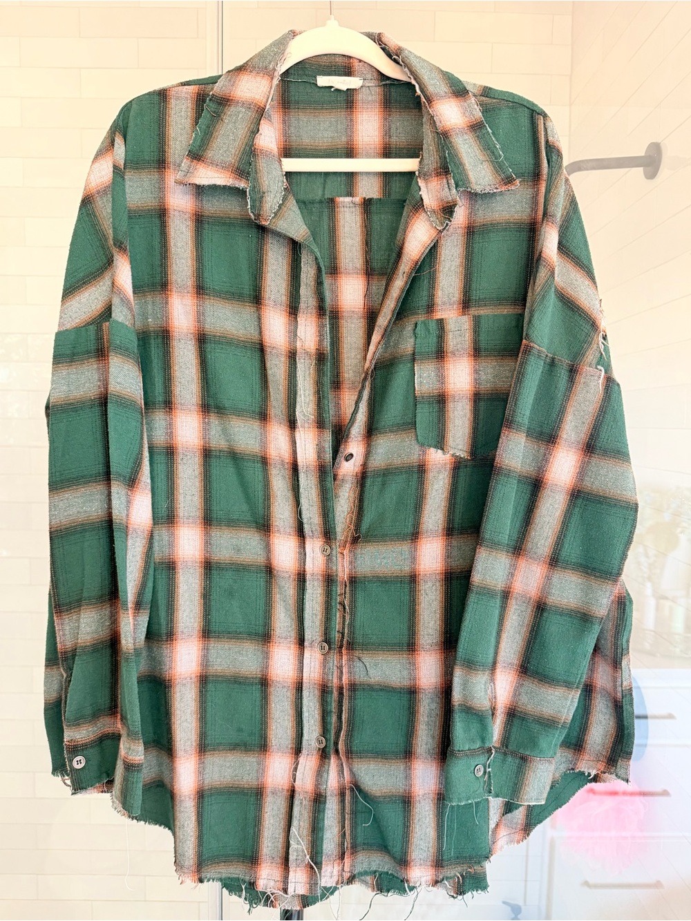 LA MIEL Green Plaid Button-Up with Orange Accents